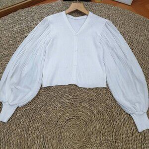 White Balloon Puff Sleeve V-Neck Cropped Knit Cardigan